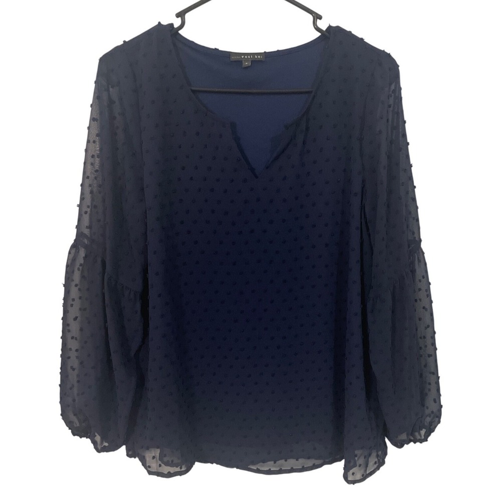 Womens Navy Swiss Dot Blouse Bell Sleeve Split Neck Small